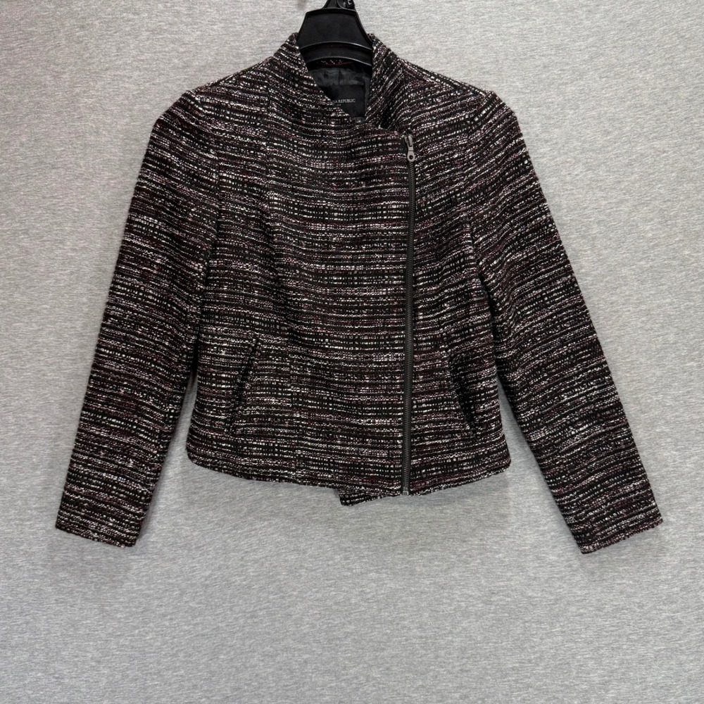 Banana Republic Moto Jacket Womens 4 Sour Cherry Boucle Tweed Zip Career Office